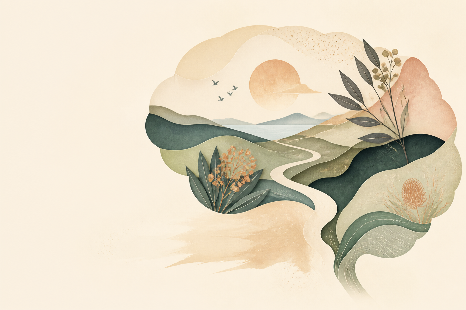 An abstract mind-shaped landscape with a winding path, native plants and distant horizons